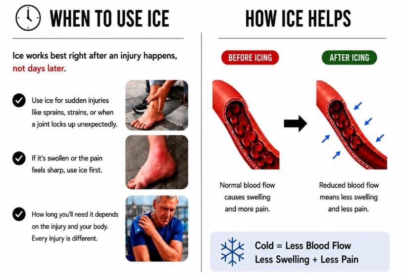 Infographic showing when to use ice for sudden injuries and how blood flow narrows after icing to reduce swelling and pain