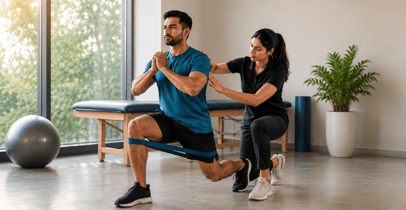 Physiotherapist guiding a patient through a resistance-band lunge in a bright clinic