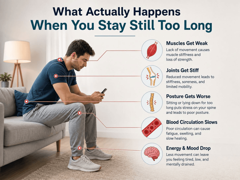 Infographic showing five effects of staying still too long: weaker muscles, stiff joints, worse posture, slower blood circulation, and lower energy and mood