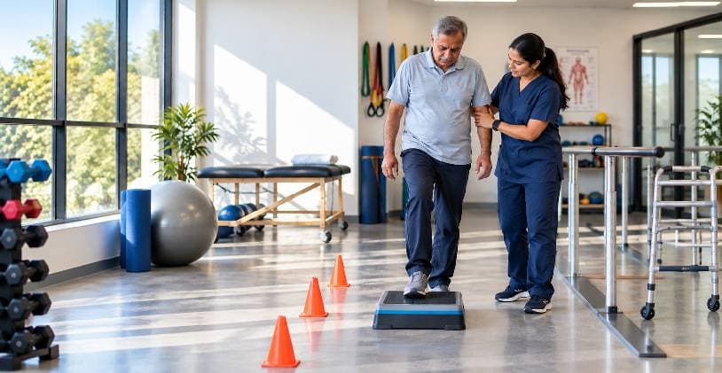 Physiotherapist supporting an older stroke survivor as he steps onto a balance step during a neuro physiotherapy session