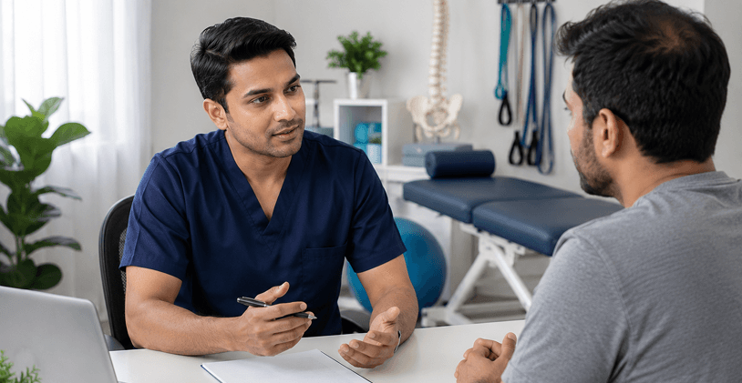 Physiotherapist in a clinic explaining a treatment plan to a seated patient, with a treatment table and resistance bands behind them
