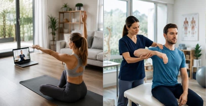 Split image showing a person exercising at home during an online session beside a physiotherapist assessing a patient in a clinic