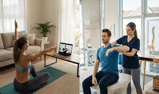 Woman following an online physiotherapy session on a laptop at home while, in the same room, a physiotherapist guides a seated patient through a shoulder exercise