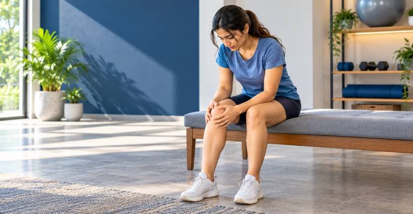 Woman sitting on a clinic bench holding the front of her knee in pain from patellofemoral pain syndrome