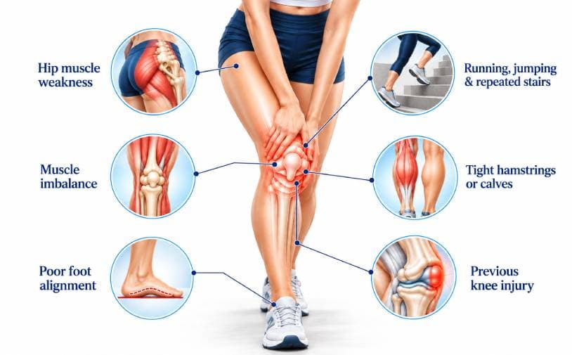 Infographic of patellofemoral pain syndrome risk factors: hip muscle weakness, muscle imbalance, poor foot alignment, running, jumping and repeated stairs, tight hamstrings or calves, and a previous knee injury