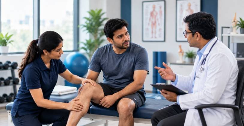 A physiotherapist examining a man's knee while an orthopedic doctor explains the findings in a clinic