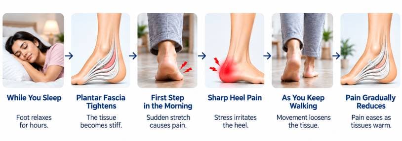 Six-step diagram showing how the plantar fascia tightens overnight, causes sharp pain on the first morning step, then eases as you keep walking