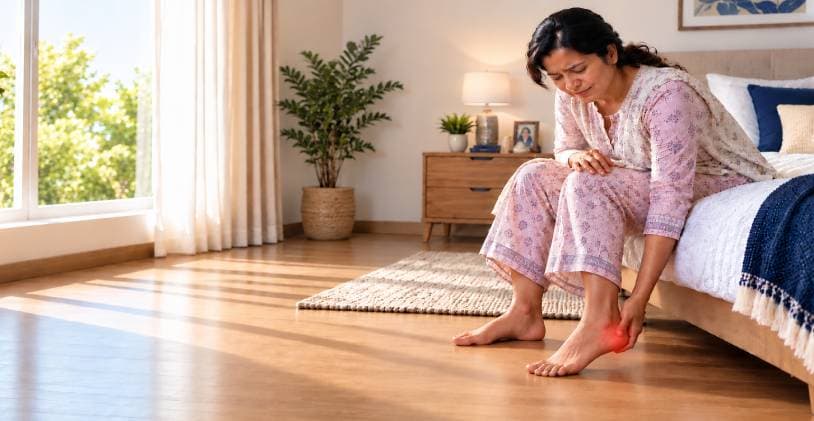 Woman sitting on the edge of her bed in the morning holding her heel, with the painful area highlighted in red