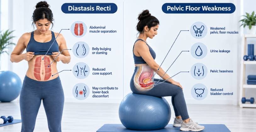 Infographic comparing diastasis recti, showing abdominal muscle separation and belly doming, with pelvic floor weakness, showing urine leakage and pelvic heaviness