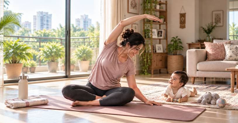New mother stretching on a yoga mat at home while her baby lies on a rug beside her
