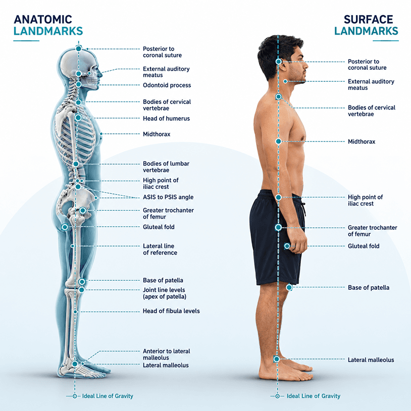 Side-by-side diagram comparing anatomic landmarks on a skeleton with surface landmarks on a standing person, used to assess posture