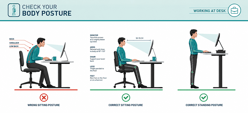 Diagram showing incorrect slouched desk postures alongside a correct seated posture and a standing desk setup