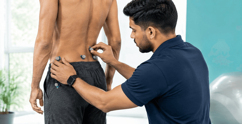 Physiotherapist assessing a patient's shoulder and upper back posture from behind
