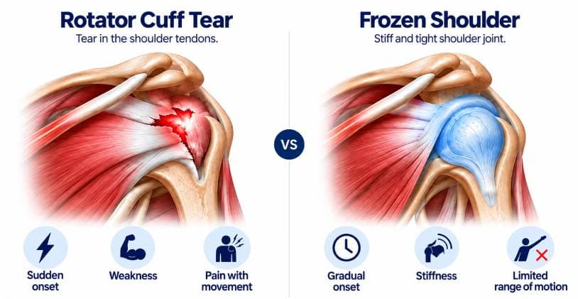 Side-by-side illustration comparing a rotator cuff tear, with sudden onset, weakness and pain with movement, against a frozen shoulder, with gradual onset, stiffness and limited range of motion