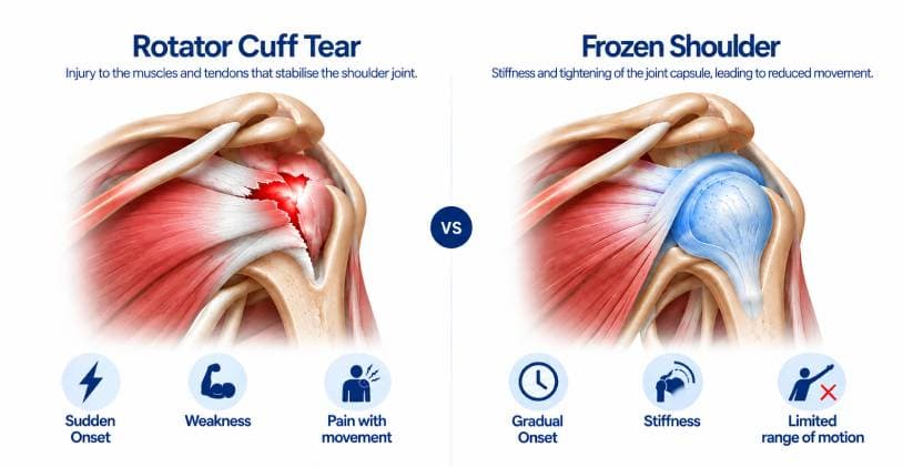 Side-by-side illustration comparing a rotator cuff tear, with sudden onset, weakness and pain with movement, against a frozen shoulder, with gradual onset, stiffness and limited range of motion