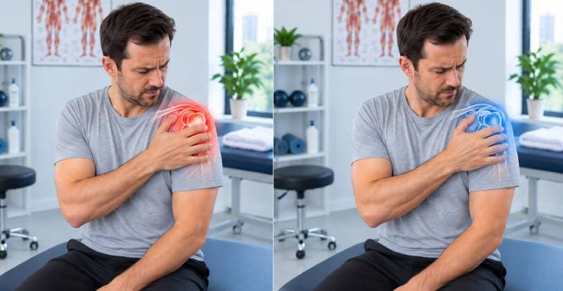 Man holding his shoulder in a clinic, with the painful area highlighted in red on one side and blue on the other