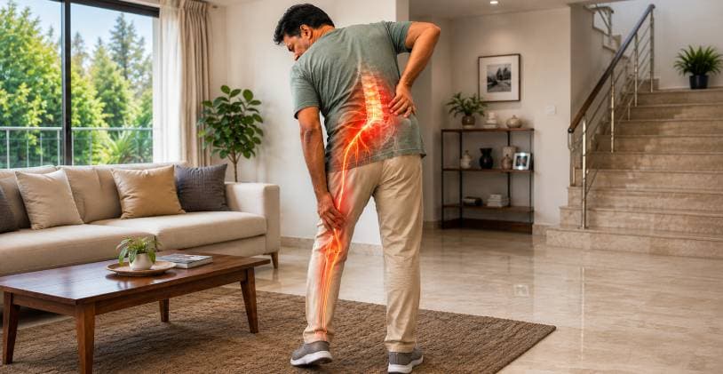 Man holding his lower back at home with the sciatic nerve path highlighted running down his leg