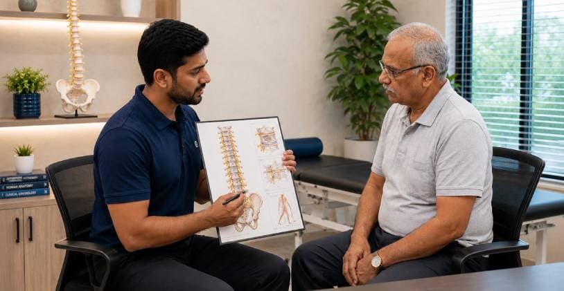 Physiotherapist showing an older patient a spine chart to explain where the sciatic nerve is being compressed