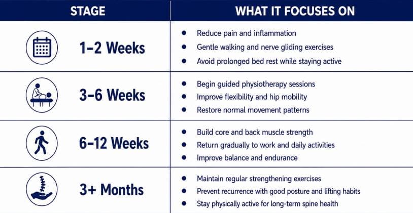 Infographic of the sciatica recovery timeline showing what each stage focuses on from 1 to 2 weeks through 3 months onward