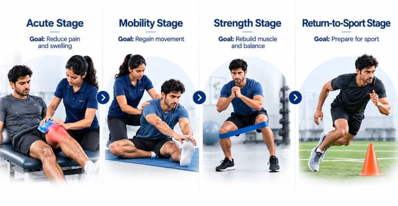 Four stages of sports injury recovery: acute stage to reduce pain and swelling, mobility stage to regain movement, strength stage to rebuild muscle and balance, and return-to-sport stage to prepare for sport