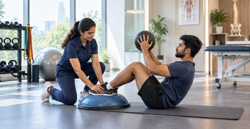 Physiotherapist supporting an athlete's foot on a balance trainer during a core exercise with a medicine ball
