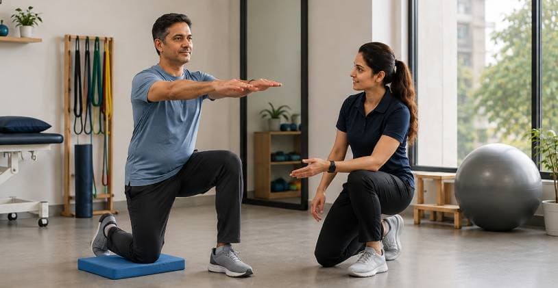 Physiotherapist guiding a man in his forties through a half-kneeling strength exercise in a clinic gym