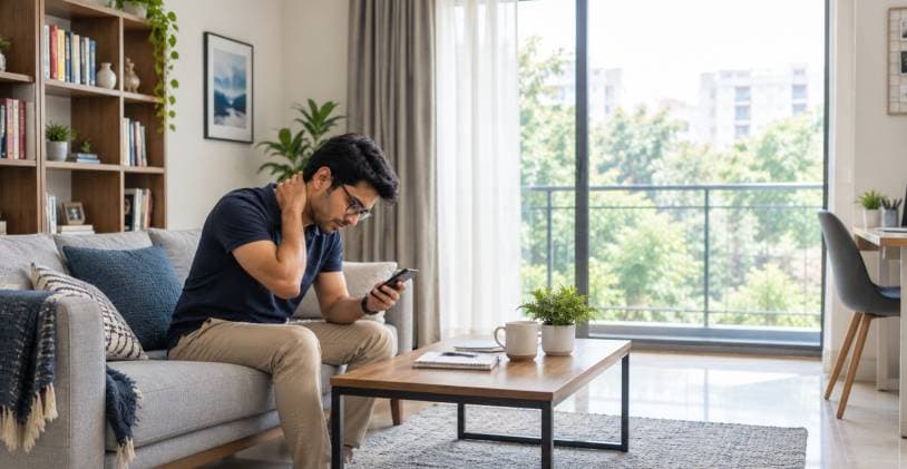 Young man sitting on a sofa holding his neck in discomfort while looking down at his smartphone