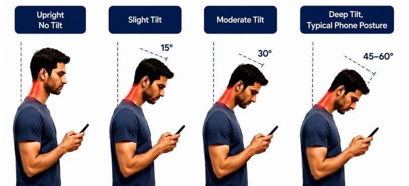 Illustration comparing four head positions while using a phone — upright with no tilt, slight 15-degree tilt, moderate 30-degree tilt, and a deep 45 to 60 degree tilt — with increasing strain shown at the back of the neck