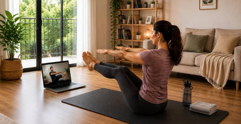 Woman doing a guided physiotherapy exercise on a yoga mat at home while her physiotherapist watches over a video call on a laptop
