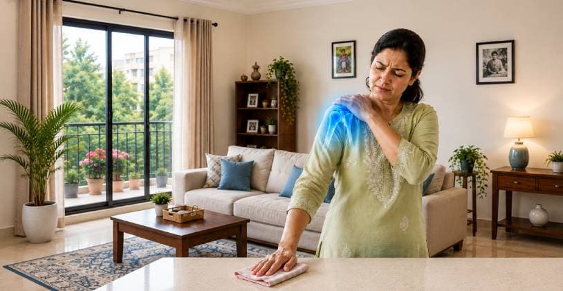 Woman at home wincing and holding her shoulder while wiping a counter, with the painful joint highlighted