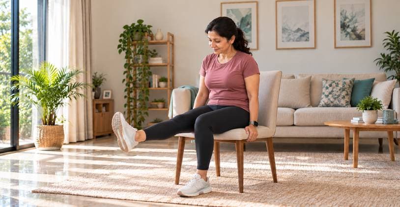 Woman in her forties sitting on a chair at home doing a seated leg raise exercise to improve mobility
