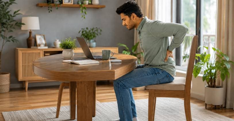 Man working from home at a dining table, leaning forward and holding his lower back in pain