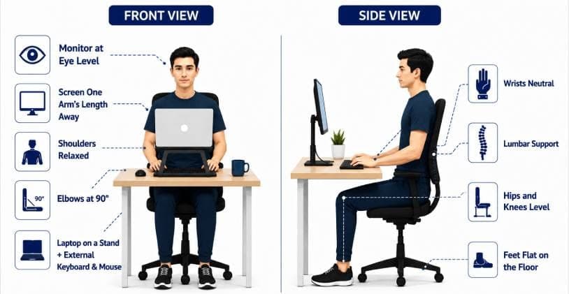 Front and side view diagram of an ergonomic desk setup showing monitor at eye level, elbows at 90 degrees, lumbar support, hips and knees level, and feet flat on the floor