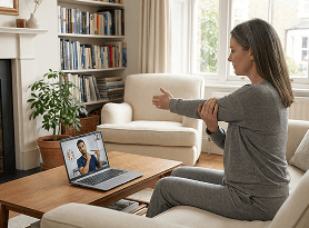 Woman performing arm stretch during a guided virtual physiotherapy session at home