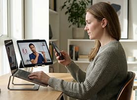 Woman at desk improving posture during a video call with a physiotherapist