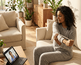 Woman performing arm stretch with tablet showing video call with physiotherapist