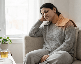 Woman on sofa holding her head, conveying discomfort or pain relief focus