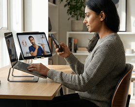 Woman at desk with smartphone and laptop showing video call with physiotherapist