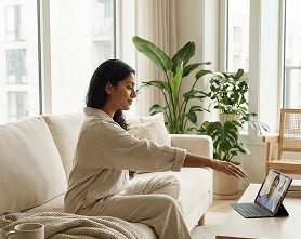 Woman reaching towards tablet with video call session with physiotherapist