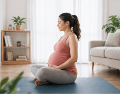Expecting mother practising gentle prenatal yoga