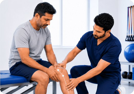 Physiotherapist performing a hands-on knee stability assessment after an ACL injury