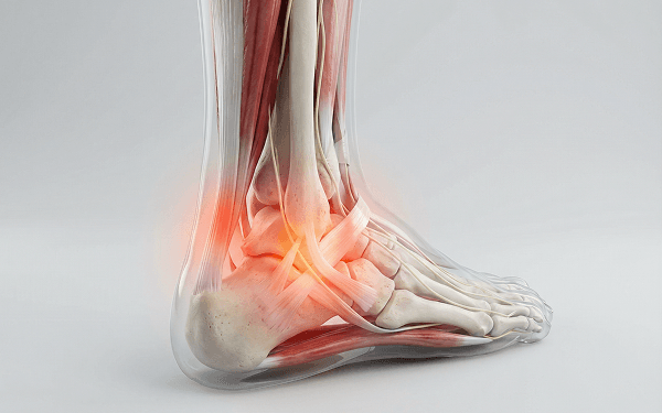3D anatomy illustration of the ankle and foot joints and muscles with highlighted pain area