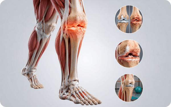 Anatomical illustration of arthritic joints in the knee and ankle with inflammation highlighted