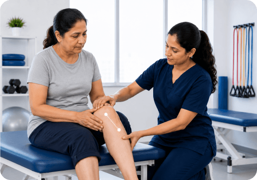 Physiotherapist assessing an older patient's joint mobility during an arthritis consultation