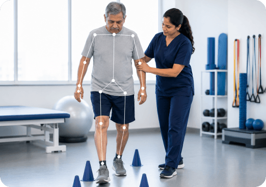Physiotherapist supporting a patient during balance and gait training exercise