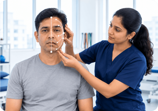 Physiotherapist guiding a patient through facial rehabilitation exercises