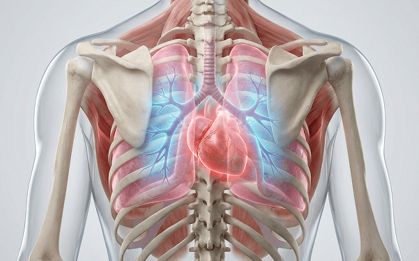 3D anatomy illustration of the heart and lungs with highlighted structures
