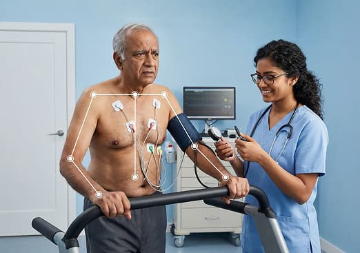 Patient on a treadmill during supervised cardiopulmonary rehabilitation with physiotherapist