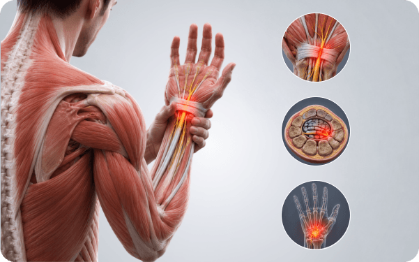 Anatomical illustration of the wrist with the compressed median nerve in the carpal tunnel highlighted