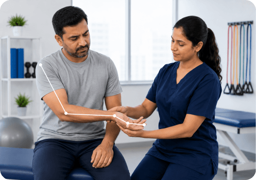 Physiotherapist assessing a patient's wrist and hand movement during a carpal tunnel consultation